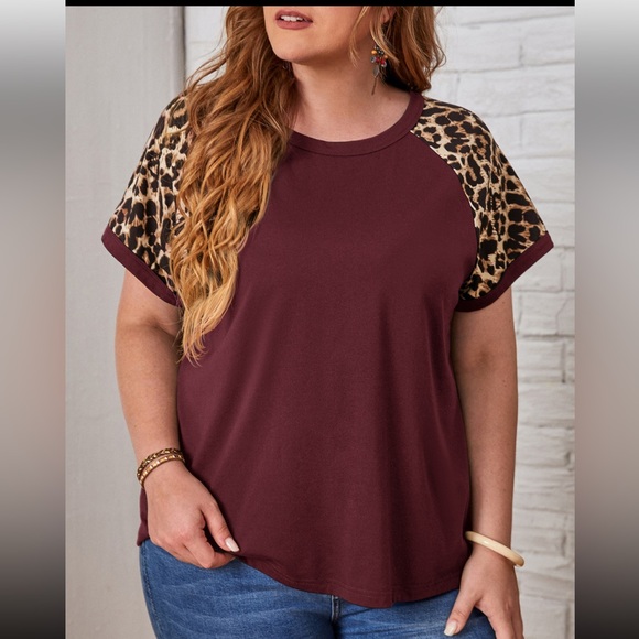 SHEIN Tops - Women's Plus SHEIN Emery Rose Maroon Leopard Burgundy Cheetah Print Sleeve Shirt